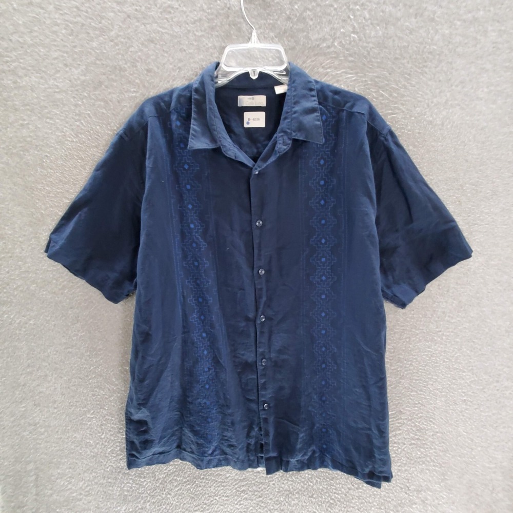 Cafe Luna Men Button Up Shirt XL Blue Linen Blend Short Sleeve Collar Casual